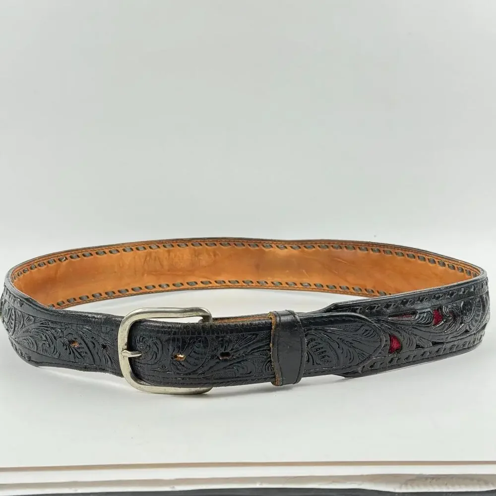 VTG Circle Y Yoakum Hand Made Texas Western Black Leather 38" Cowboy Belt Thick - Picture 3 of 9